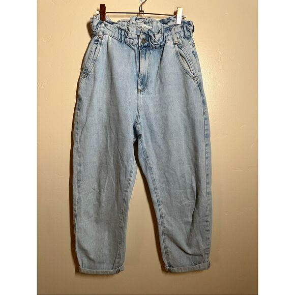 ZARA Paperbag Stretch Waist Light Wash Blue Jeans Size 6 - Picture 4 of 8